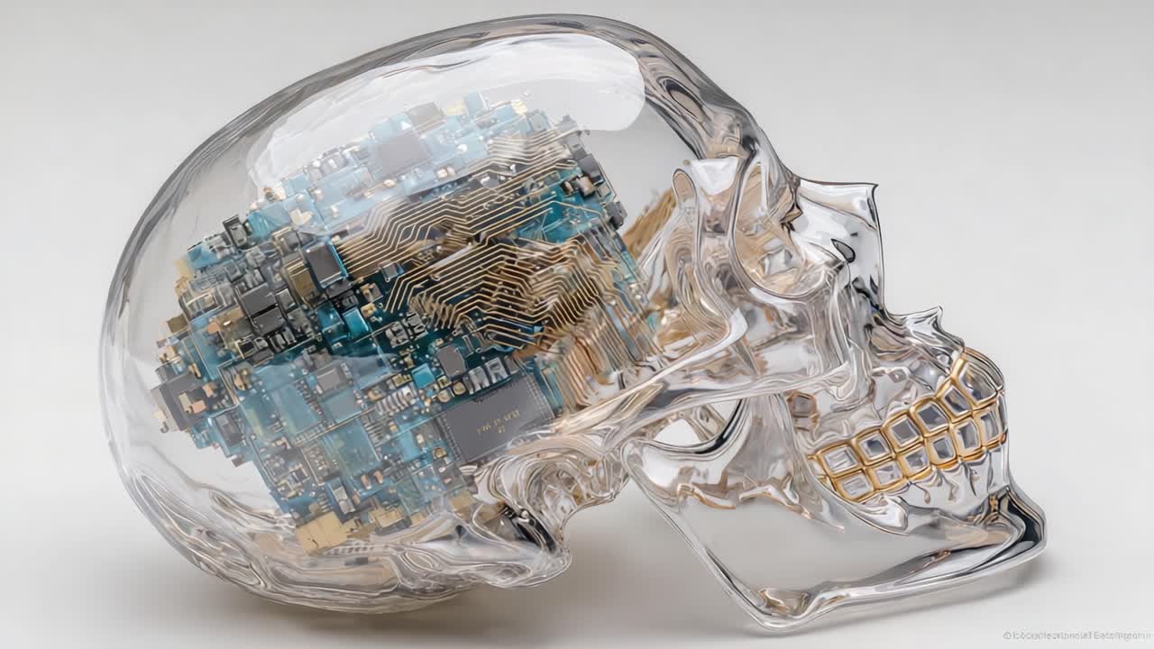 A Glimpse into the Future: This Intricate Transparent Skull with Embedded Circuitry Represents the Fusion of Technology and Human Anatomy in a Remarkable Art Piece