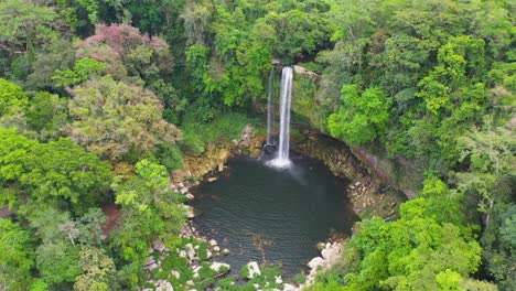 Misol-Há-waterfall-in-Mexico,-aerial-reveal-of-beautiful-tropical-waterfall