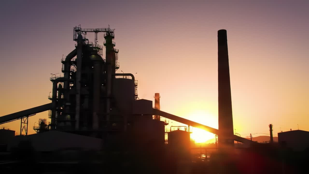 Industrial Plant Silhouette Against Stunning Sunset: Captivating View of Modern Infrastructure and Nature's Beauty Merging in a Perfect Harmony
