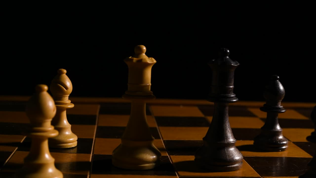 dos piezas de ajedrez de reina están enfrentadas en un tablero de ajedres, con peones detrás de ellas