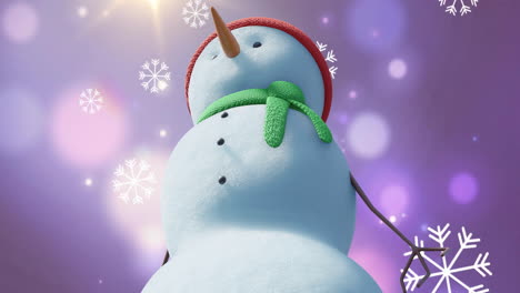 animation of christmas snow man moving over snow falling on purple background