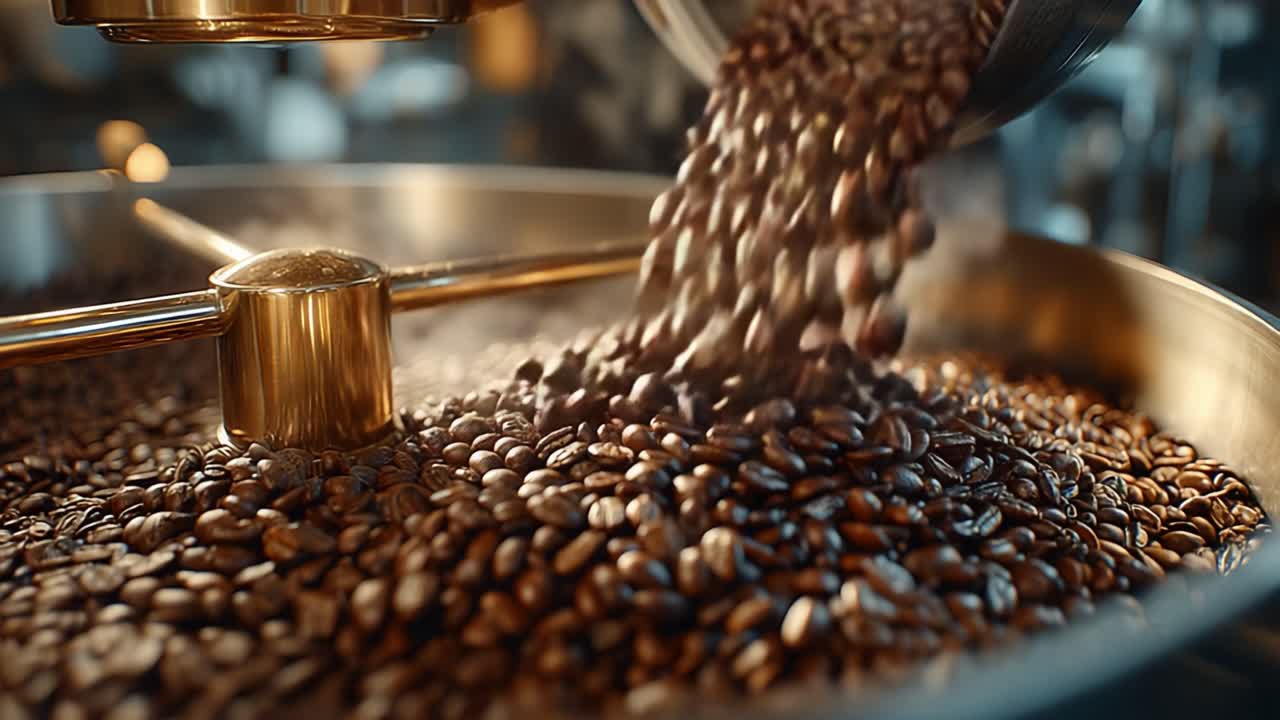 The Aroma of Freshly Roasted Coffee Beans: A Close-Up View of the Roasting Process Capturing the Rich Texture and Color of Aromatic Beans in a Coffee Roaster