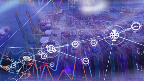 Animation-Des-Verbindungsnetzes-Mit-Symbolen-über-Dem-Hafen