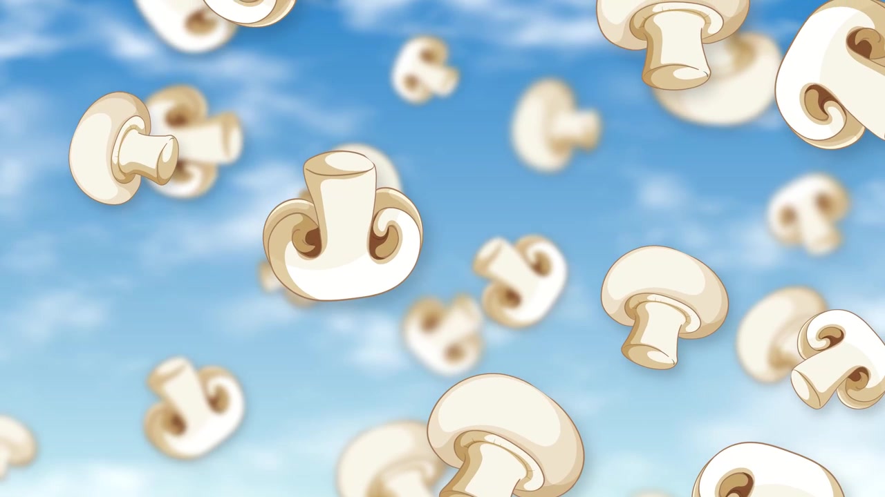 Funghi bianchi freschi che cadono su sfondo di cielo blu.