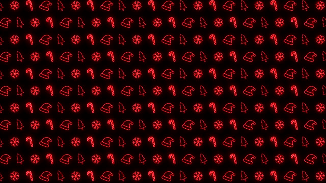 неоновый рождественский узор на фоне рождественской елки, снежинки, шляпы санты и леденцовой трости в красно-черной зацикленной анимации
