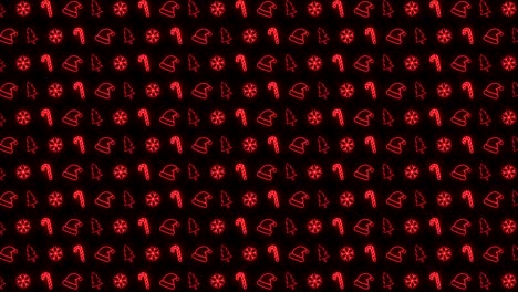 fondo de patrón de navidad de neón de árbol de navidad, copo de nieve, sombrero de santa y bastón de caramelo en animación de bucle rojo y negro