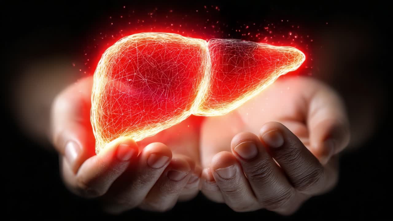 Una visualizzazione creativa del fegato umano, che rappresenta salute e vitalità, racchiuso tra mani con un bagliore radioso e intricati motivi al neon.