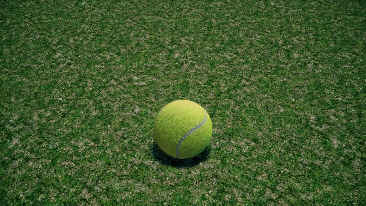 잔디로 된 테니스 코트 를 가로질러 천천히 굴러가는 브랜드 가 없는 테니스 공 - 완벽 한 루핑