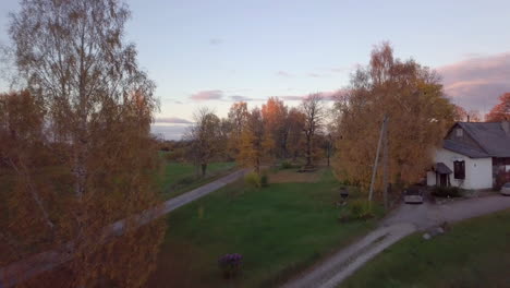 low aerial shot flying between the trees passing the countryside house on the right side at sunset