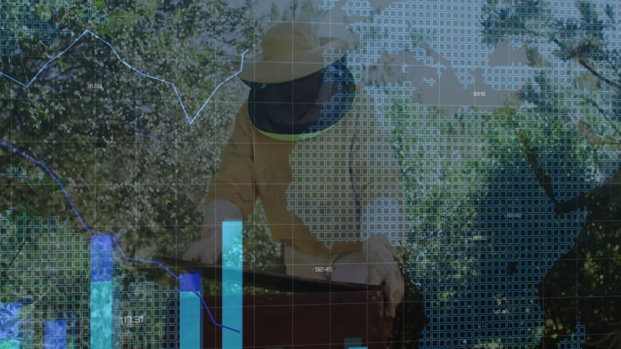 Beekeeper in protective gear working with hives over data processing animation