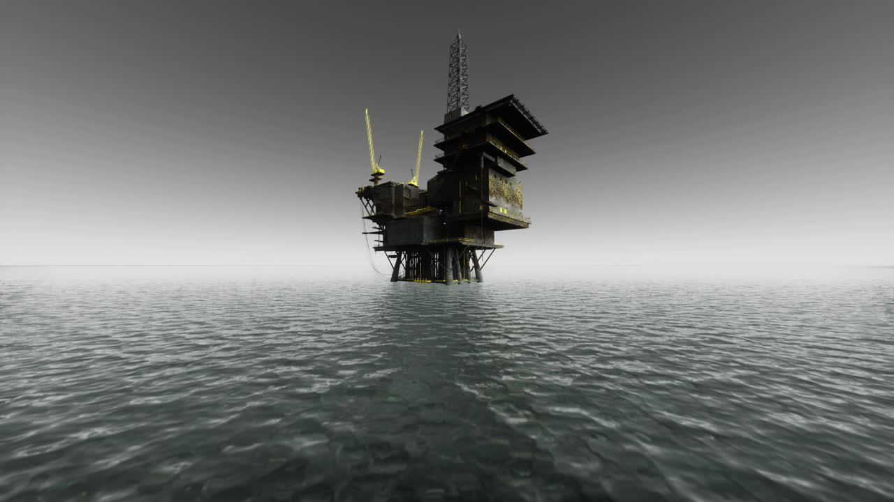 Lonely oil rig stands tall in the calm waters during early morning light