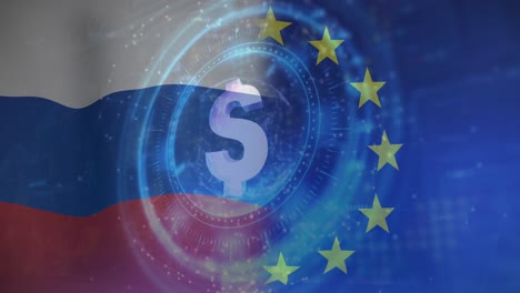 Animation-of-digital-interface-with-dollar-symbol-over-eu-and-russian-flasg