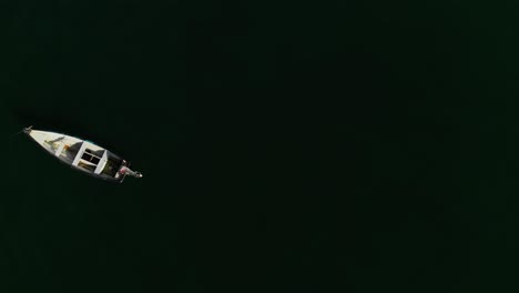 A-fishing-boat-anchored-at-sea-with-a-pelican-landing-on-it-with-a-cliff-in-the-background