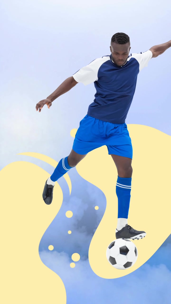 Animazione di un giocatore di calcio con pallone su macchie gialle