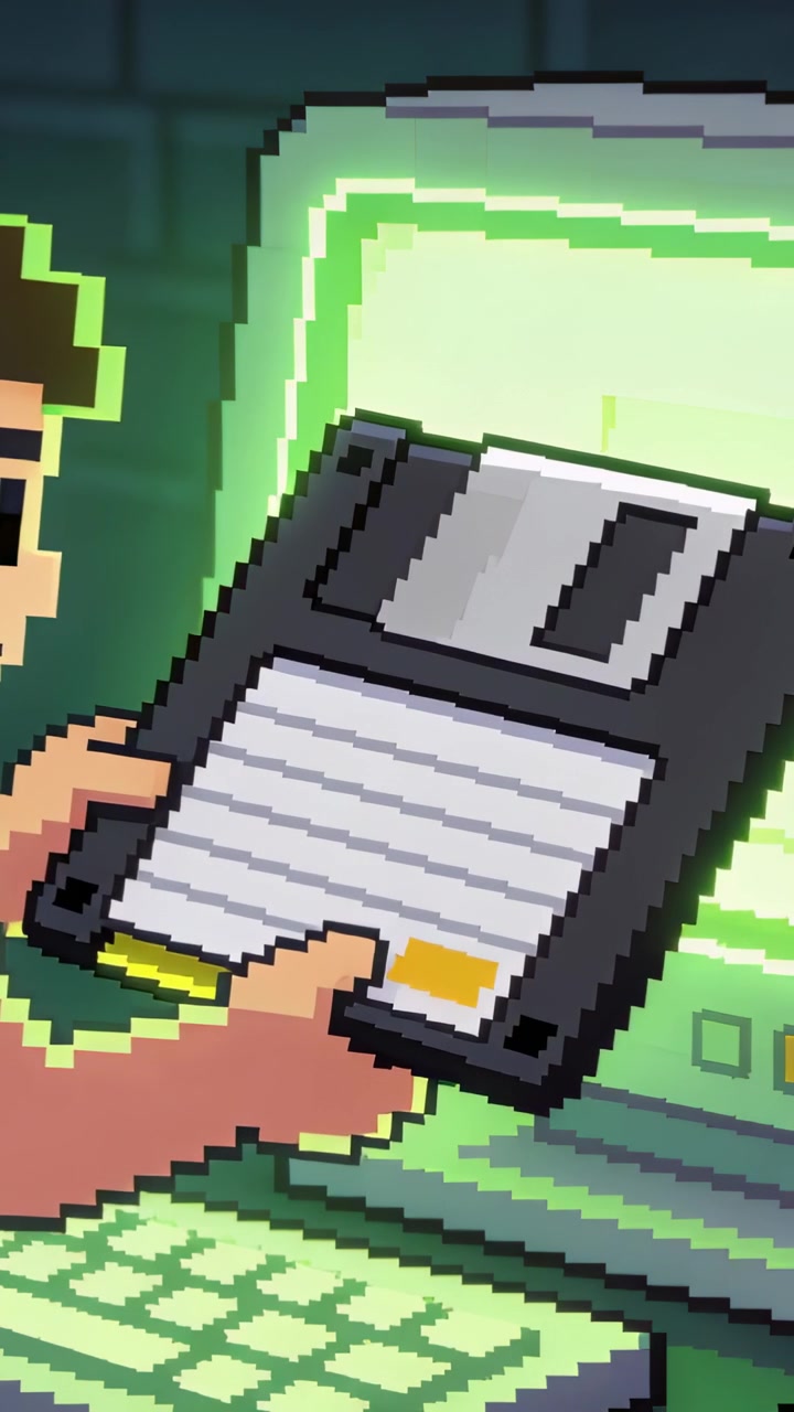 Video verticale: Uomo in pixel art che inserisce un floppy disk a una scrivania retrò, reagendo al bagliore verde di un monitor CRT