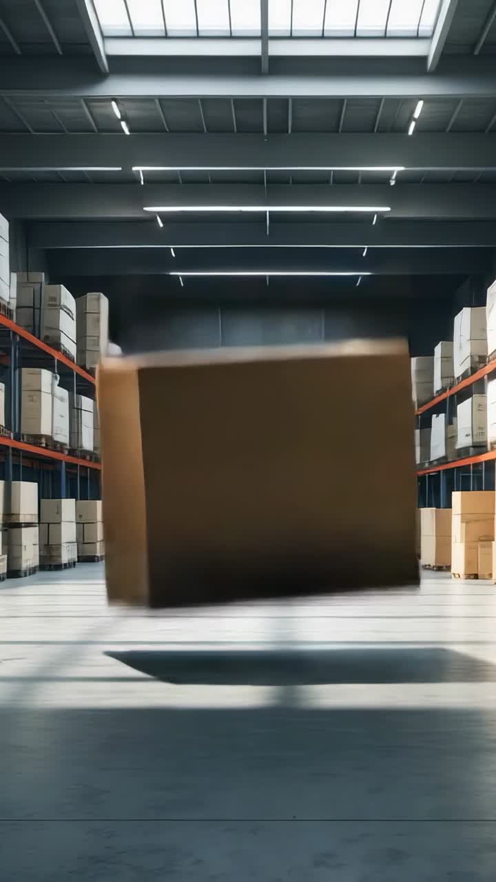 Vertical video: Dropping cardboard shipping box into aisle by metal racks, landing, tilting midair