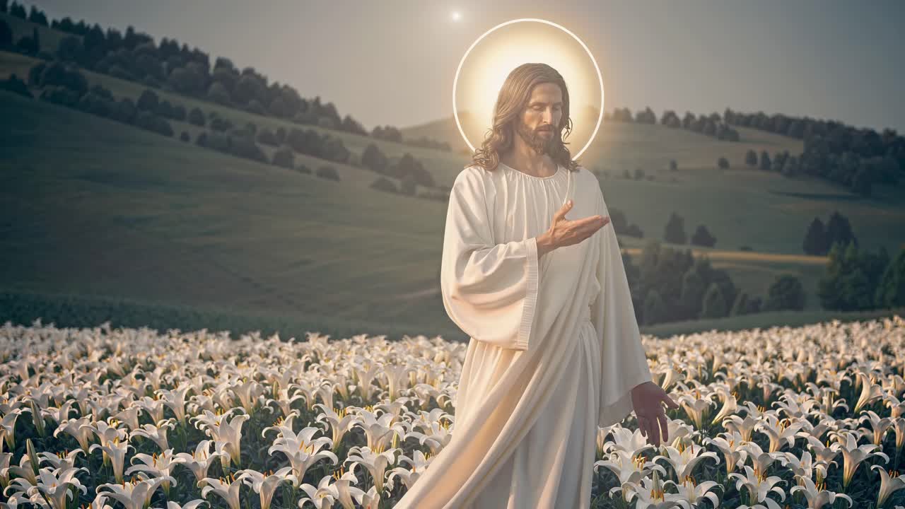 Una scena video serena con una figura divina in un campo di gigli, ripresa dal basso.