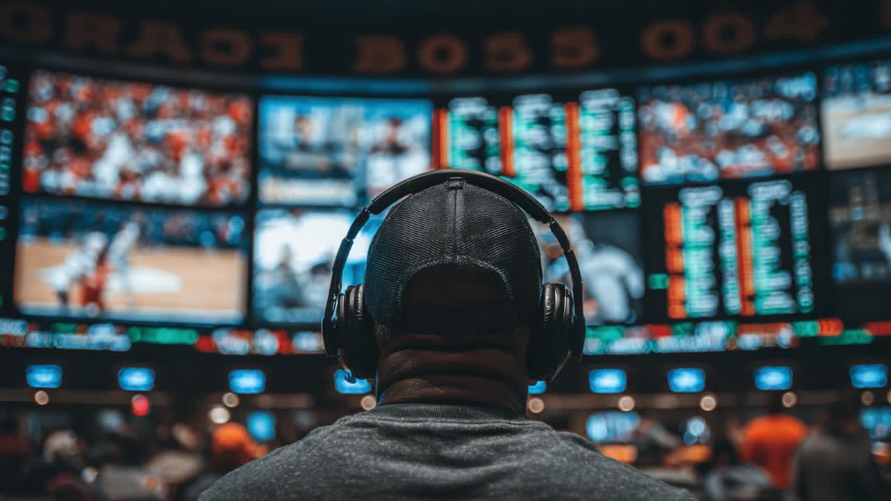 Engaged Strategist Analyzing Live Sports Data in a High-Tech Betting Room, Surrounded by Multiple Screens Displaying Real-Time Statistics and Game Analysis