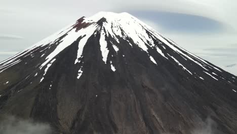 outstanding aerial view of massive snowy top of mount ngauruhoe, tongariro national park new zealand