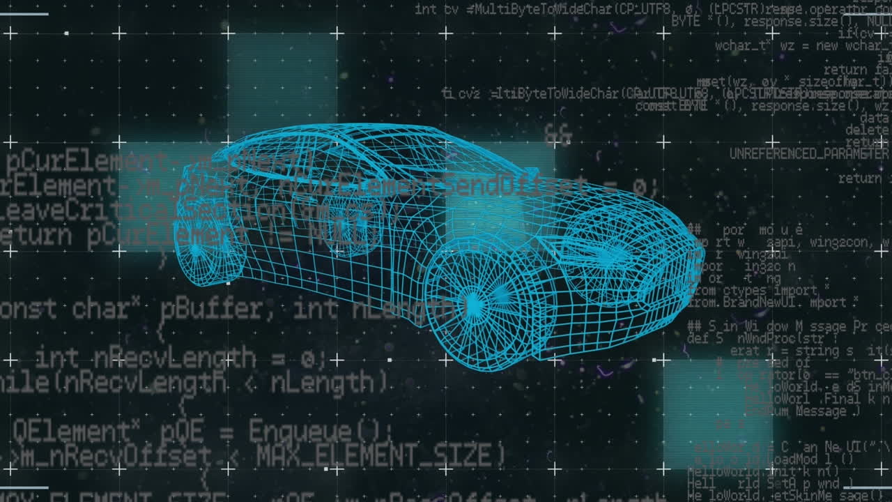 검은 바탕에 3d 자동차 모델을 통해 데이터 처리 및 빛 트레일의 애니메이션