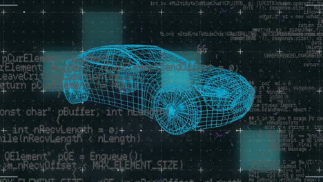 animación de procesamiento de datos y rastros de luz sobre modelo de coche 3d contra fondo negro