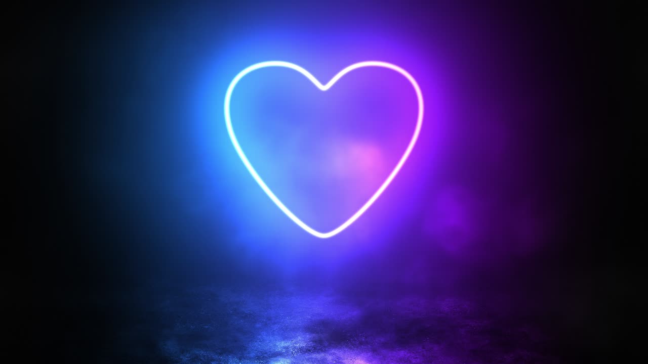 Cuore al neon luminoso nel fumo, video in loop continuo.