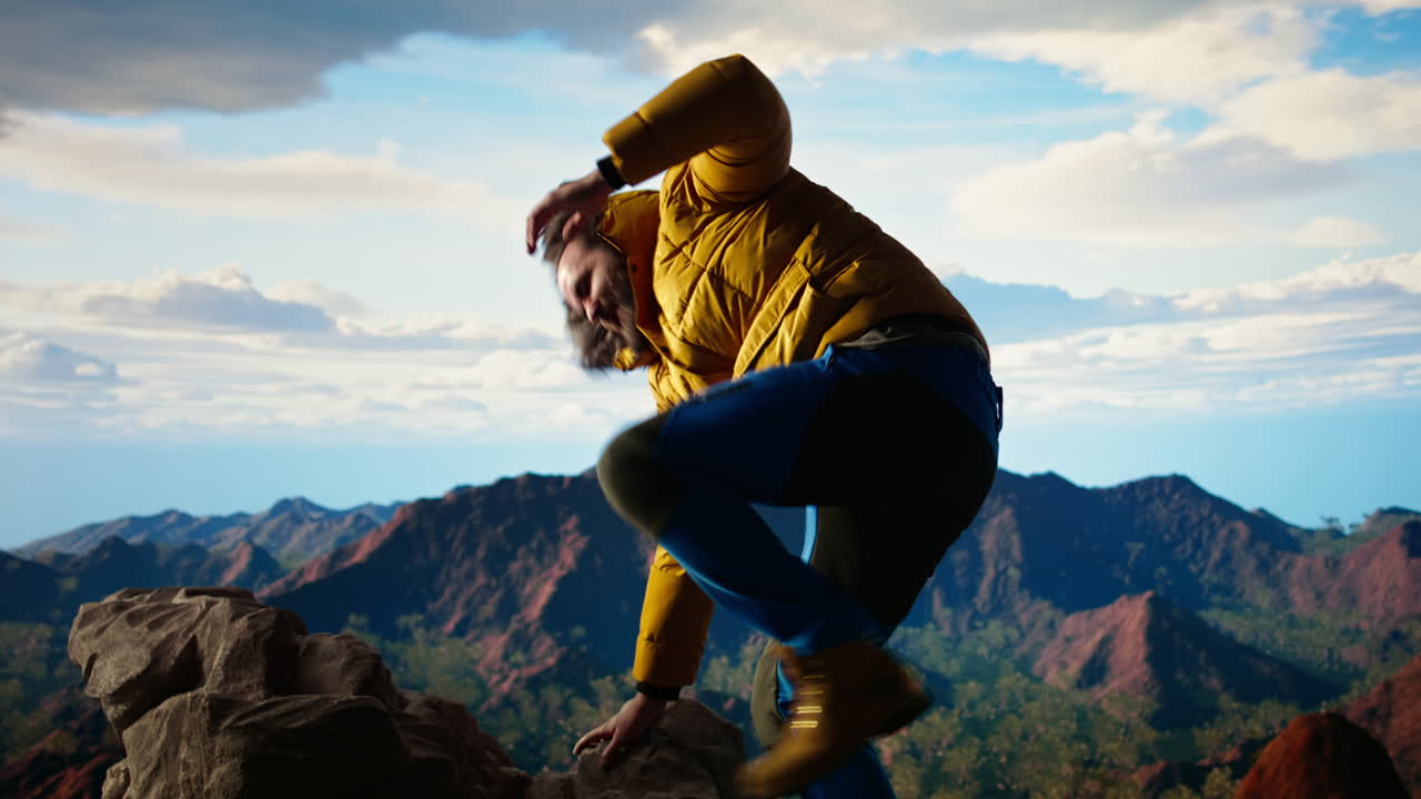 Clumsy adventurer finds himself at mercy of the wind struggling to keep balance