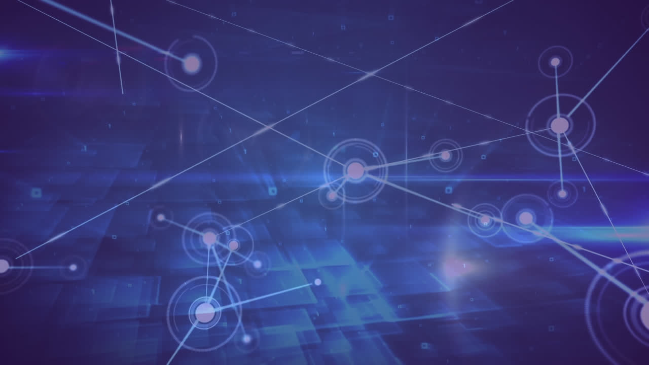 animación de puntos conectados con líneas sobre llamaradas de lente contra un fondo abstracto.