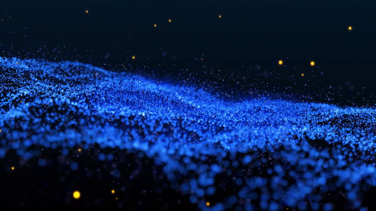 Animation of glowing light spots moving over blue mesh on black background