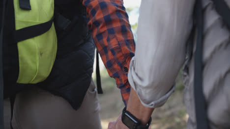 Senior-couple-holding-hands-in-forest