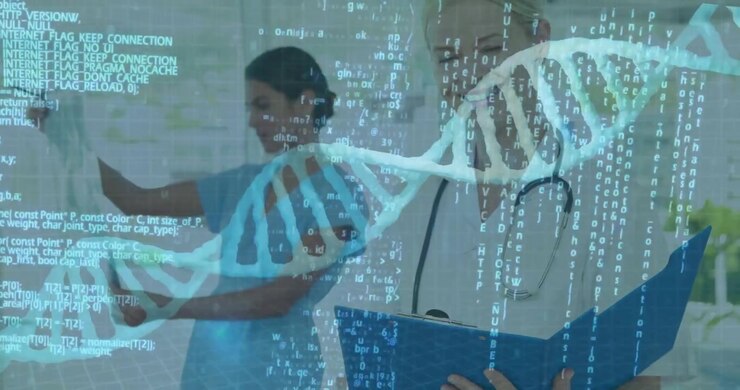 Medical colleagues in lab starting genetic analysis pipetting fluid while DNA helix streaming data