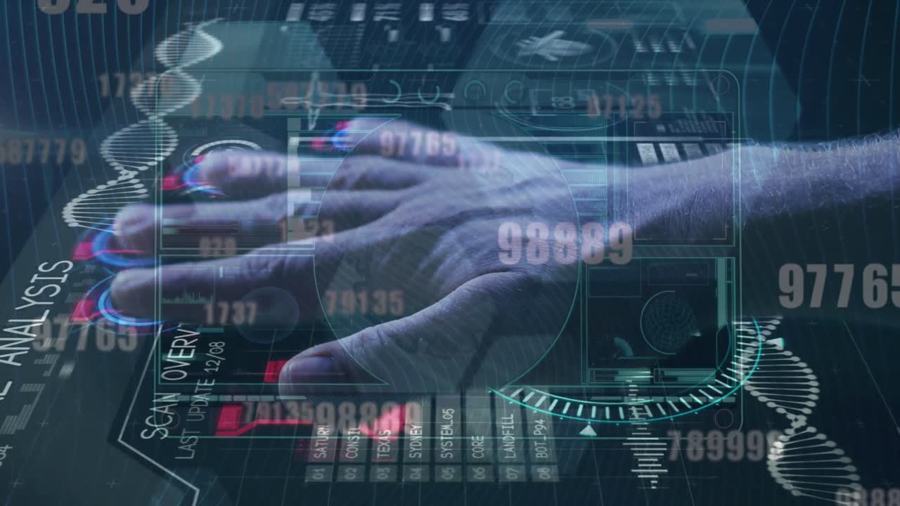 múltiples números cambiantes a través de la interfaz digital contra el escaneo de la mano humana a través de un escáner biométrico