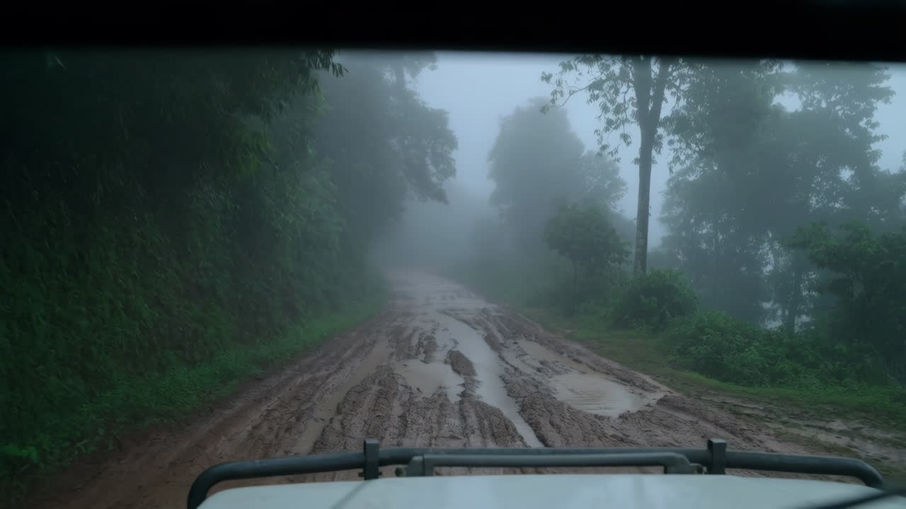 Driving on a muddy, foggy road through a dense forest