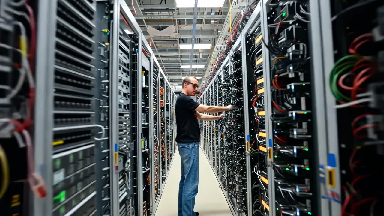 Wide-angle shot of a technician in a data center, surrounded by server racks