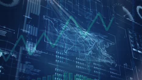 Animación-De-Gráficos-Y-Datos-Financieros-Sobre-El-Mapa-Mundial-En-Pantalla-Azul