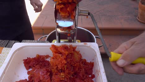 Pressed-tomatoes-skin-coming-out-of-tomato-sauce-making-machine-for-disposal