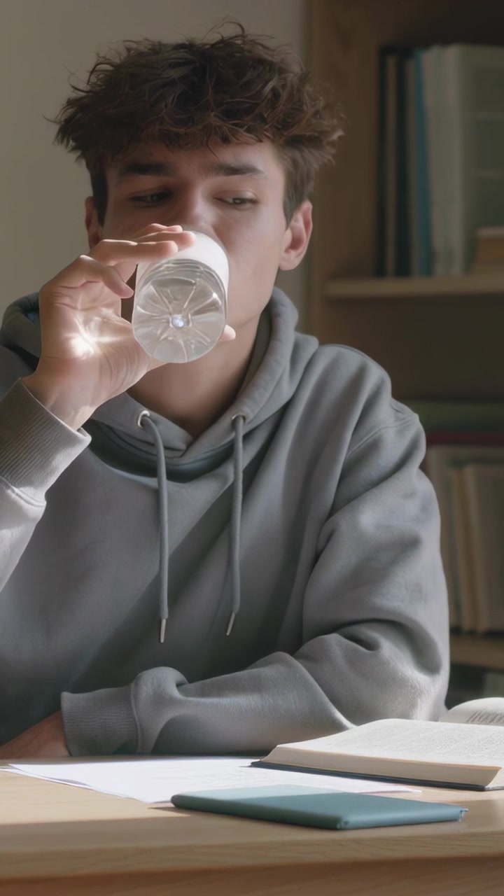 Video vertikal: Siswa melirik buku, meraih, menyeruput botol bening untuk belajar di meja dengan hoodie abu-abu.