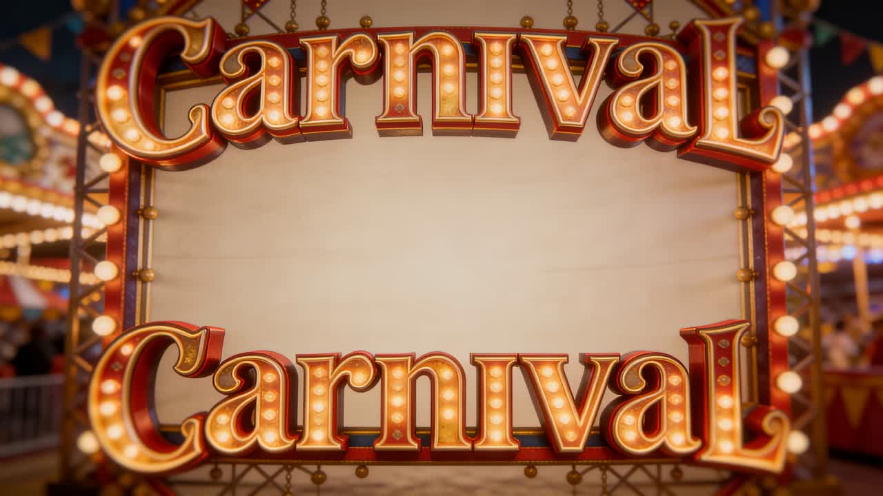 Un'insegna luminosa scintillante del Carnevale reagisce allo zoom della telecamera al centro, rivelando un pannello vuoto per una promozione.