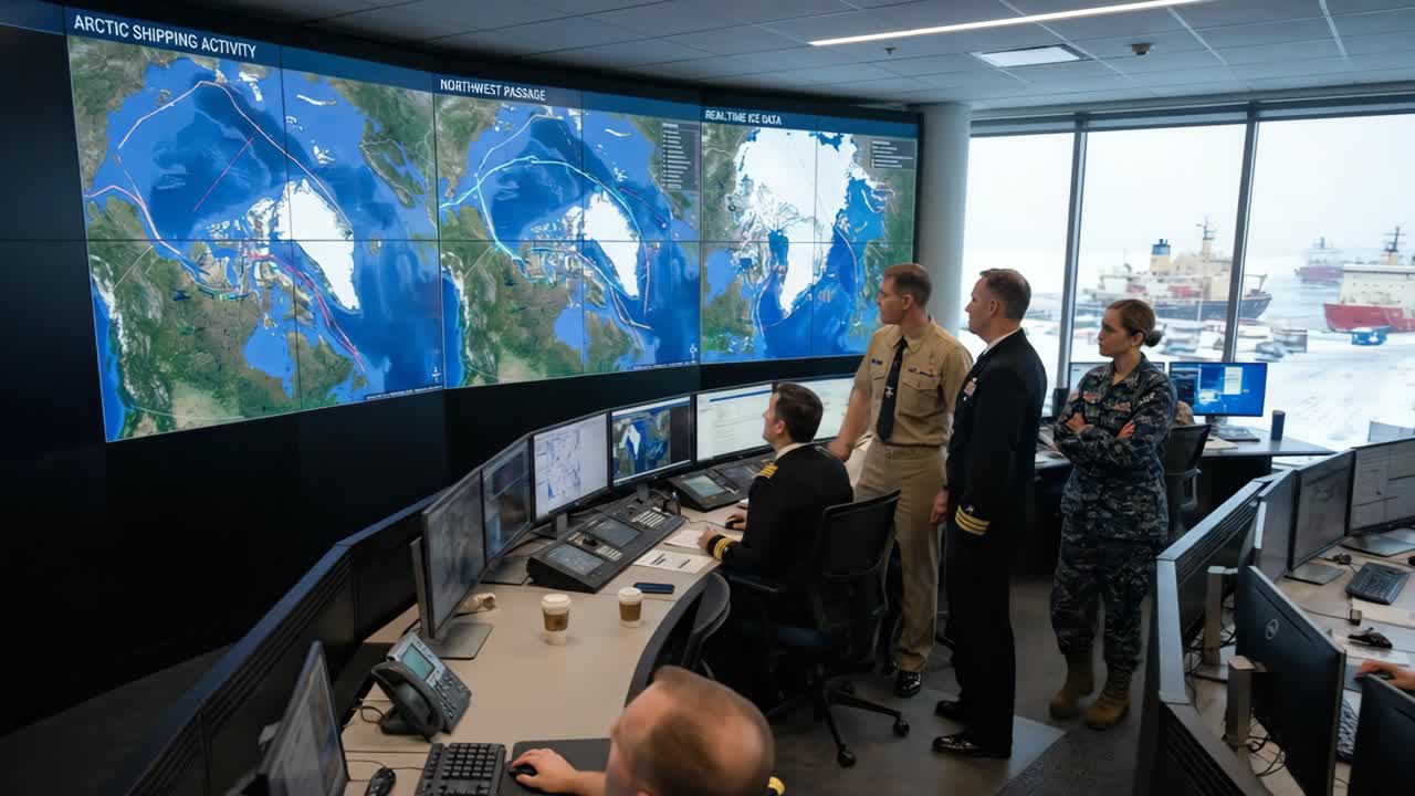Military Officers Discussing Arctic Shipping Data in High-Tech Control Room