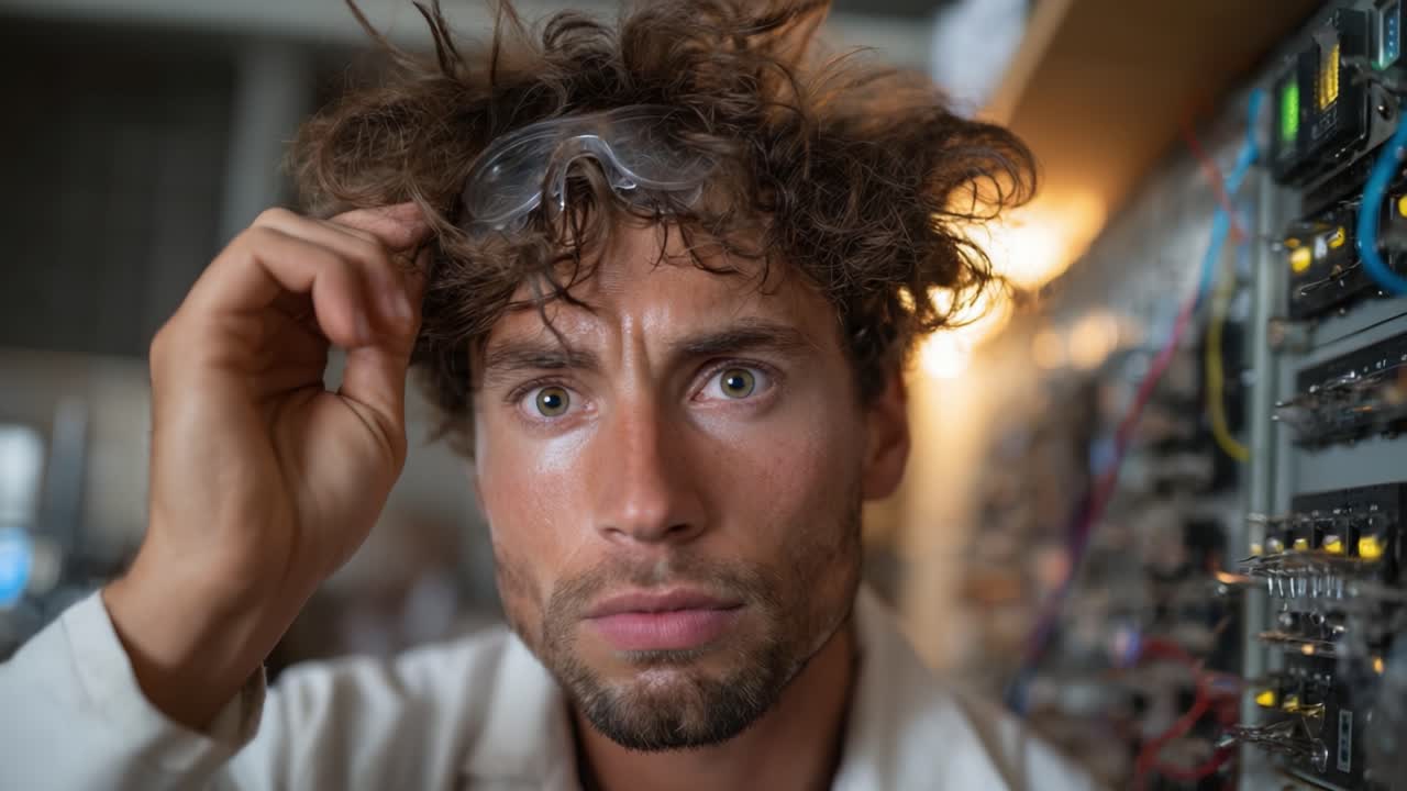 Un individuo concentrato impegnato nella sperimentazione tecnica, con un taglio di capelli crespo e dispositivi di protezione, circondato da complesse apparecchiature elettroniche in un laboratorio scarsamente illuminato