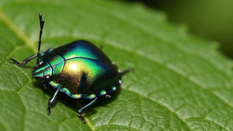 close-up of an iridescent green and blue beetle on a leaf