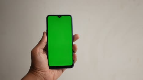 hand holding a smartphone with a green screen