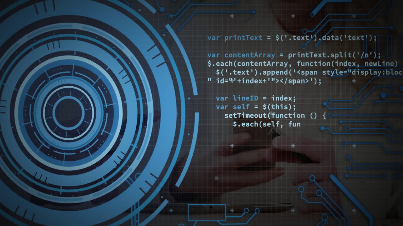Animation of blue circular graphics with programming code in futuristic interface