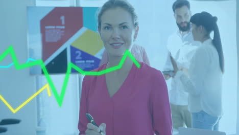 green line graph animation over business people working in modern office