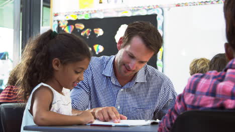 Teacher-and-young-schoolgirl-looking-at-notebook-in-class