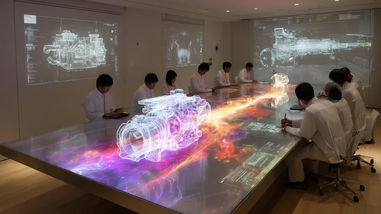 A Collaborative Design Session with Advanced Holographic Technology Showcasing Mechanical Components and Innovative Engineering Solutions on Interactive Surfaces