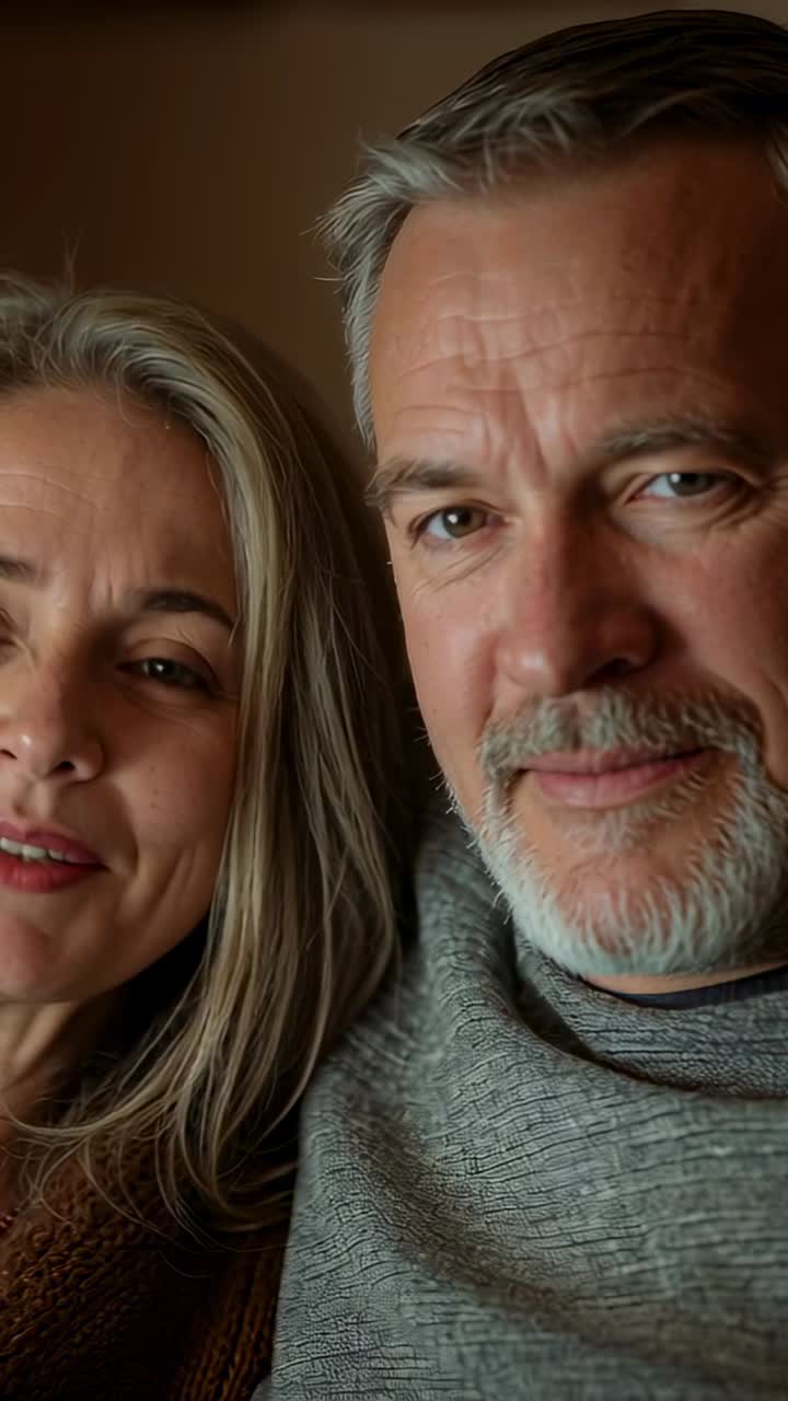 Video vertical: Pareja de ancianos recostados respondiendo a la cámara grabando en el sofá, vistiendo prendas de punto