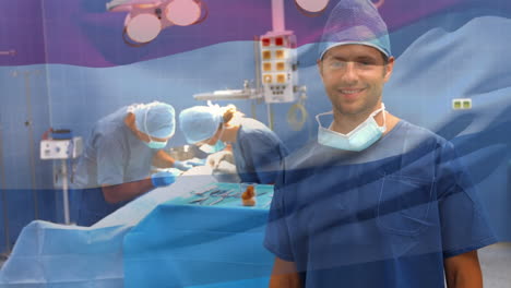 animation of flag of netherlands waving over surgeons in operating theatre