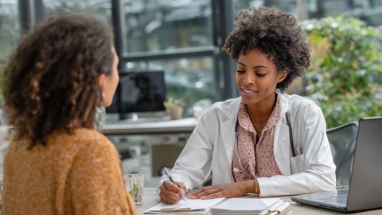 A compassionate healthcare professional engages with a patient in a bright clinic, fostering a supportive environment for health discussions and personal wellness insights