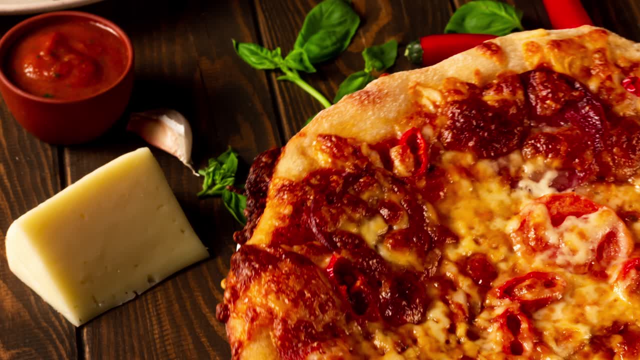 나무 바탕에 회전하는 피자